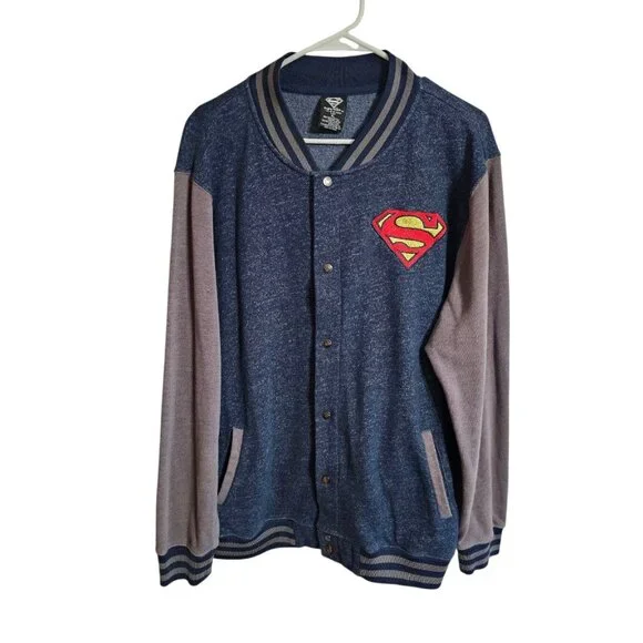 Superman Patch Varsity Bomber Men's XL Blue Heather Snap Jacket DC Comics Rare - Picture 2 of 6